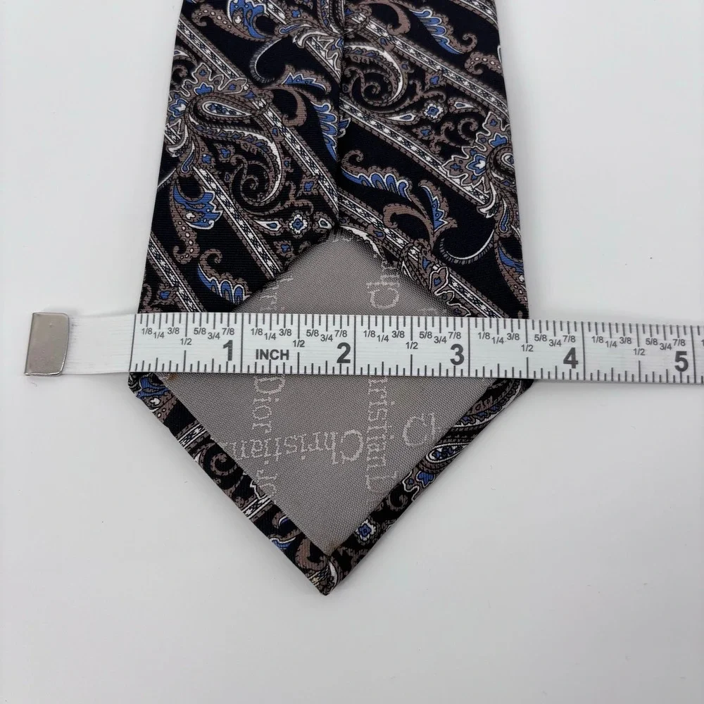 Christian Dior Vintage Silk Paisley Stripe Necktie Men OS Blue Tan Italy USA